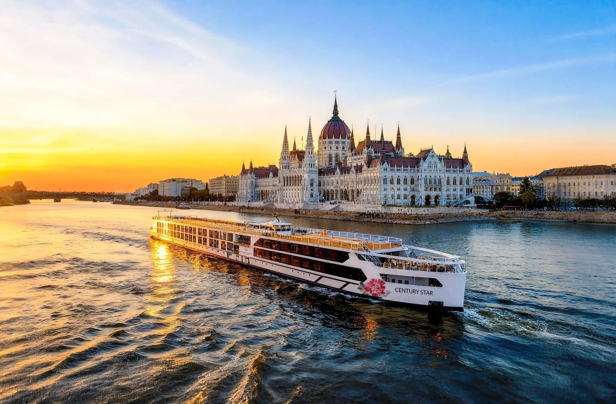 Century Star on the Danube by the Hungarian Parliament in Budapest at sunset